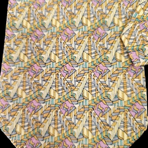 Marja Kurki Silk Tie Geometric Pattern Violet Aqua Tan Lime Green 4" W Vintage - Picture 2 of 5